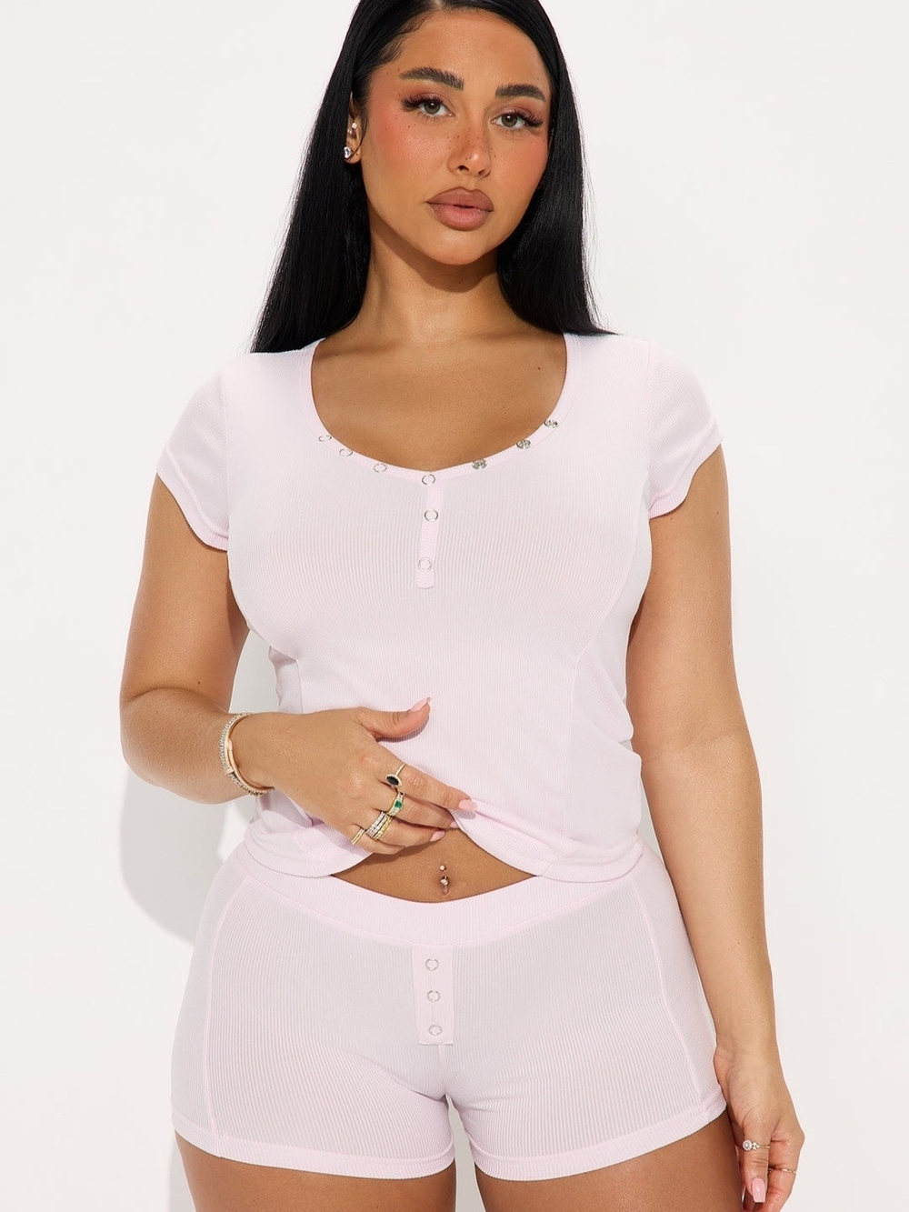 Ribbed Short Sleeve Sleep Set in Light Pink - Small